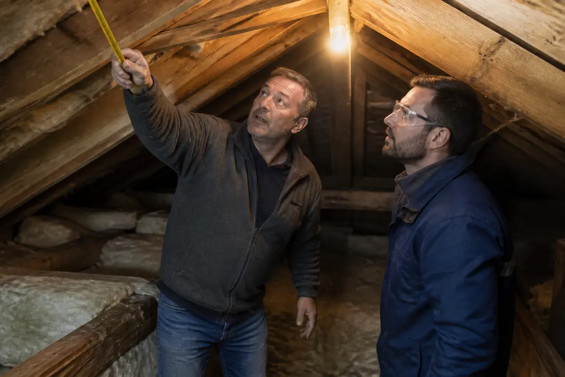 Poseur vérifiant une isolation des combles, bénéfices possibles de l'isolation à 1 euro.