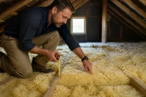 Expert vérifiant l'isolation chaleur dans un grenier de maison, avec une toise.