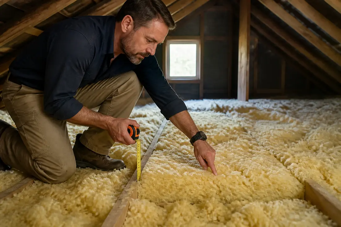 Expert vérifiant l'isolation chaleur dans un grenier de maison, avec une toise.