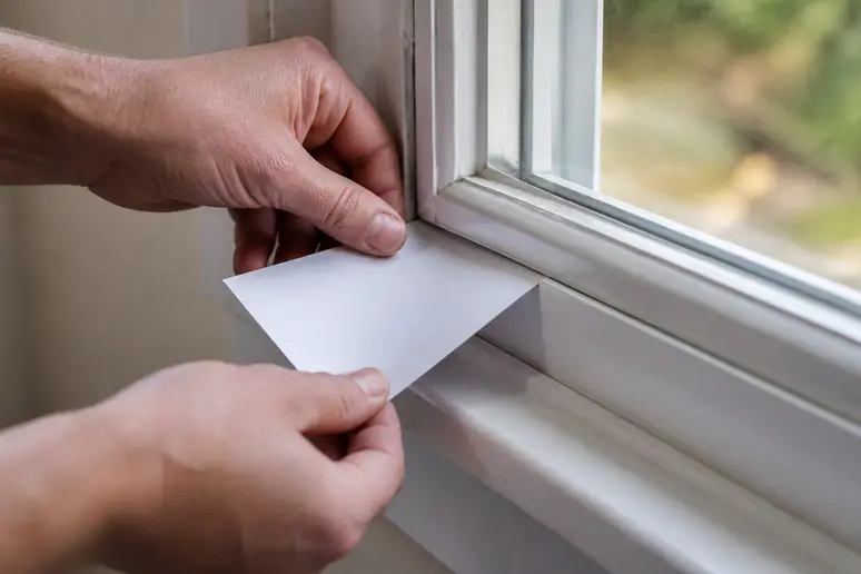 Mains testant l'étanchéité d'un joint de fenêtre avec une feuille de papier.