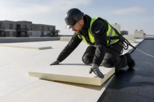 Un artisan pose des panneaux d'isolation toiture plate sur le toit d'un bâtiment moderne.