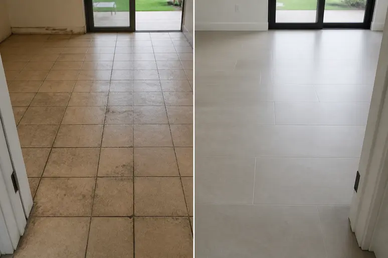 Comparaison entre un ancien carrelage défraîchi et un sol moderne fraîchement rénové et impeccable.