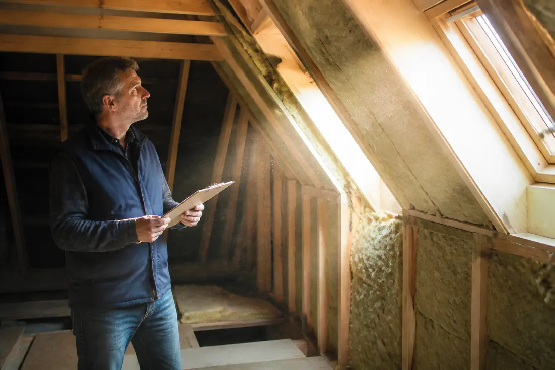Un artisan examine des isolants dans un grenier pour dossier ma prime renov 2026.