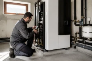 Technicien vérifiant une pompe à chaleur Atlantic dans une chaufferie domestique bien entretenue.