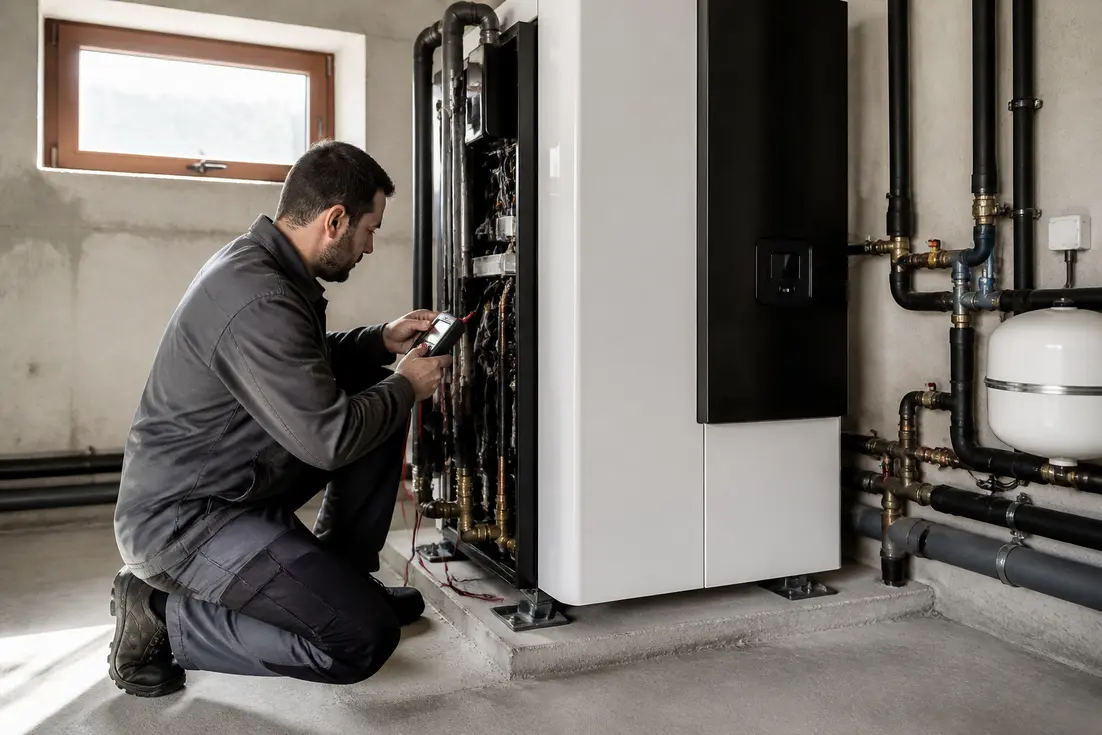 Technicien vérifiant une pompe à chaleur Atlantic dans une chaufferie domestique bien entretenue.