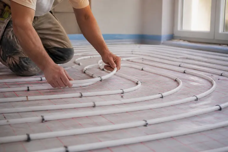 Mains d'un chauffagiste posant des tuyaux de plancher chauffant en spirale sur un sol brut.