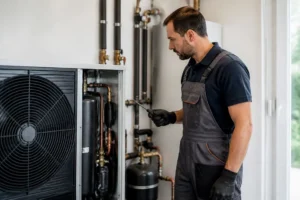 Estimation du prix pompe à chaleur maison 150m2 : un chauffagiste vérifie l'installation