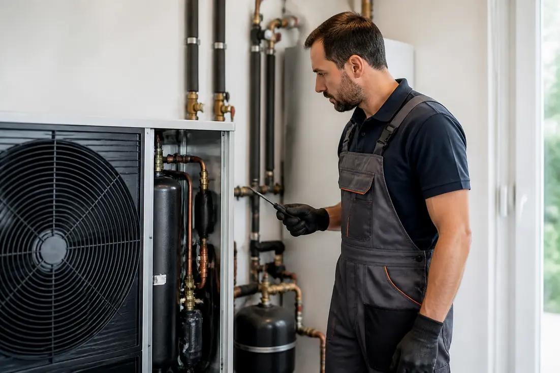 Estimation du prix pompe à chaleur maison 150m2 : un chauffagiste vérifie l'installation