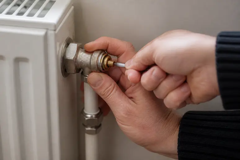 Main manipulant la tige d'un robinet thermostatique pour débloquer le mécanisme du radiateur