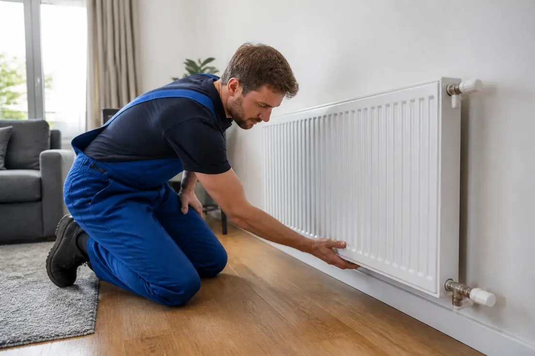 Un plombier teste un radiateur froid en bas dans un salon lumineux.