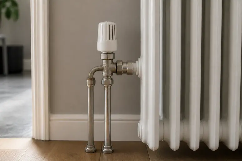 Tuyauterie et vannes de raccordement d'un radiateur haute température dans un logement