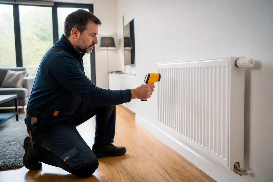 Technicien contrôlant la température d'un radiateur haute température dans un salon
