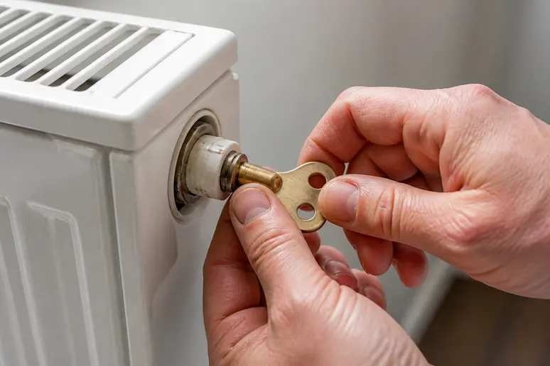 Main ouvrant la vis de purge d'un radiateur à eau chaude avec une clé adaptée