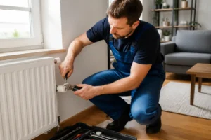 Intervention d'un plombier pour réparer un radiateur qui claque dans un salon