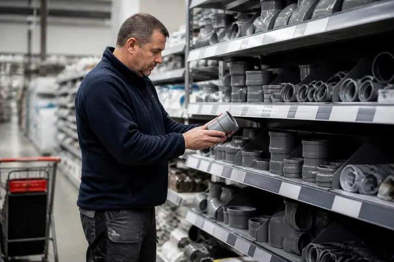Artisan examinant attentivement des tuyaux de plomberie dans l'espace professionnel d'un magasin spécialisé.