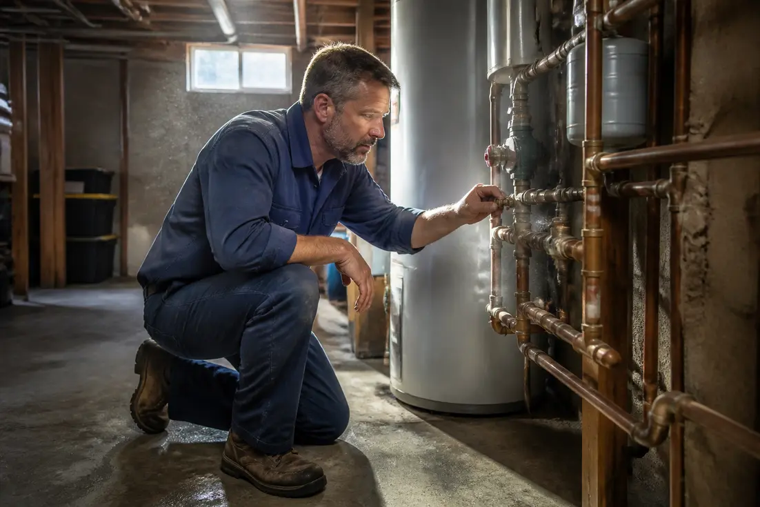 Plombier professionnel vérifiant une installation de chauffage et sanitaire en cuivre dans une cave.