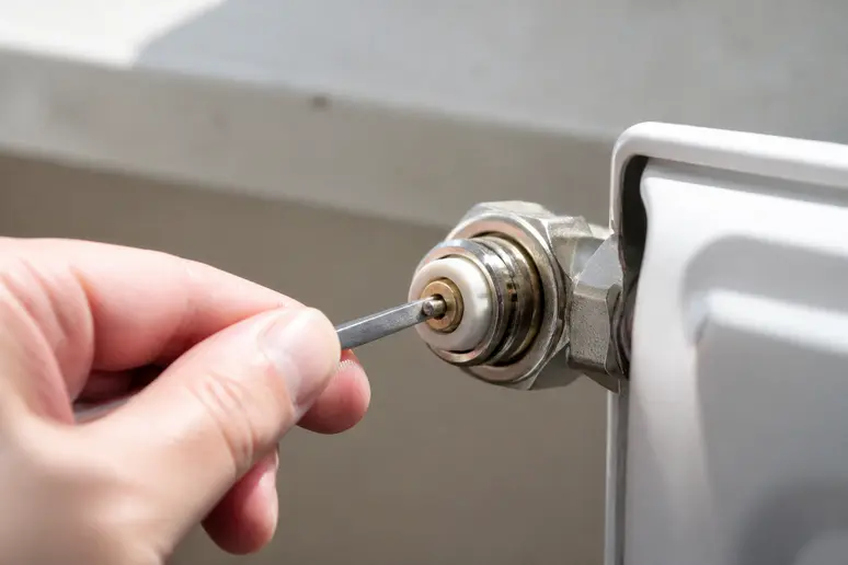 Pression exercée avec un outil plat sur le pointeau d'un robinet thermostatique de radiateur.