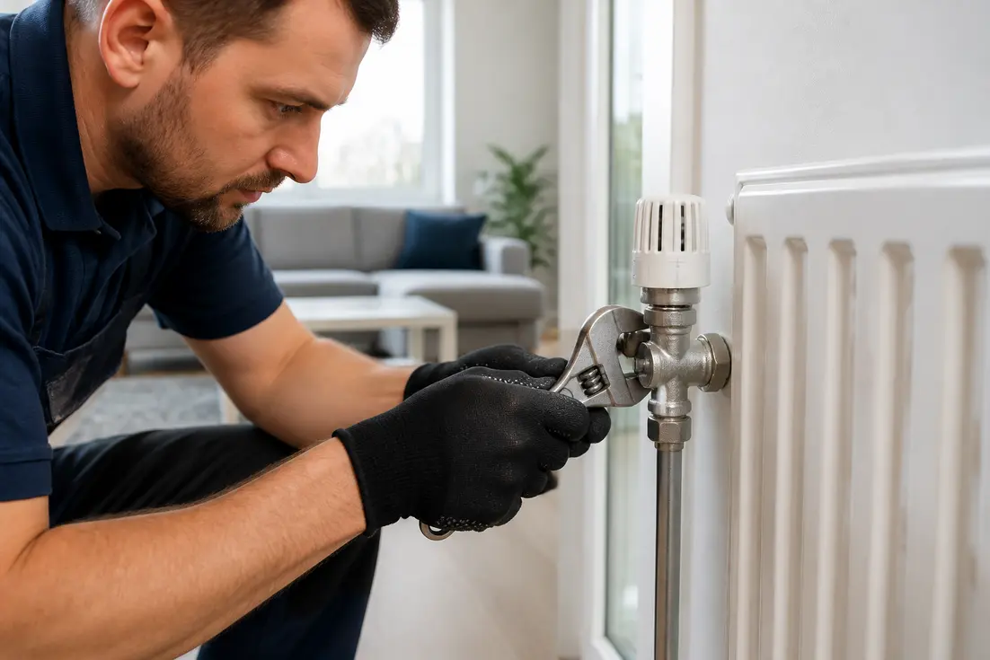 Un plombier répare un robinet thermostatique bloqué sur un radiateur blanc dans un salon.