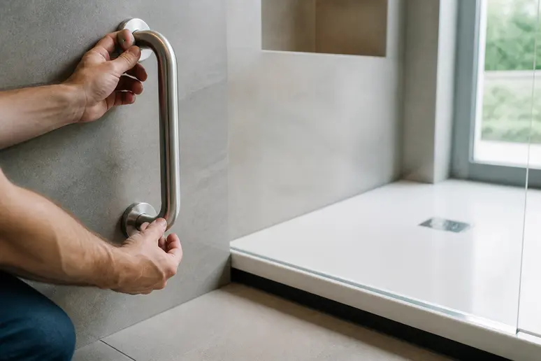 Installation de barres d'appui et d'une douche de plain-pied dans une salle de bain moderne.