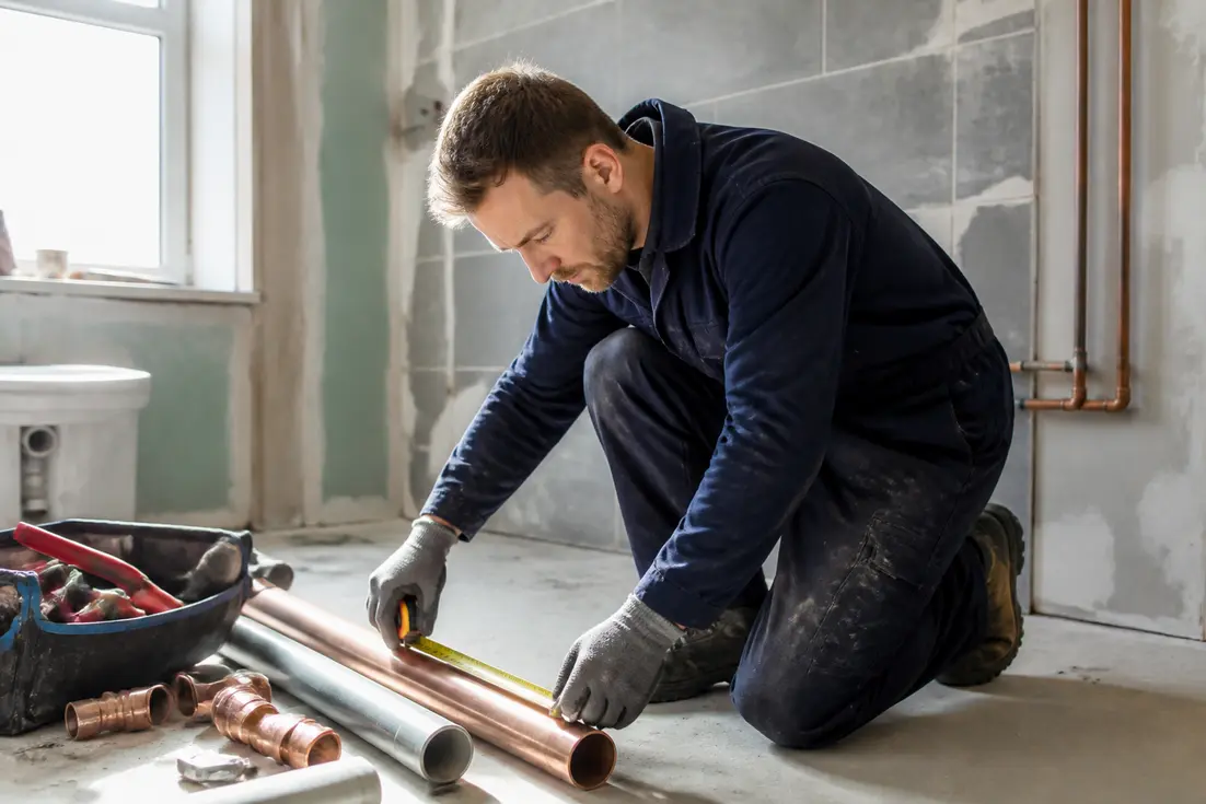 Un artisan mesure des tuyaux lors de travaux de salle de bain dans une maison en rénovation.