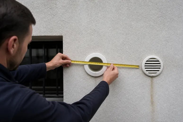 Mesure des distances réglementaires pour un rejet d'air VMC, respectant les normes.