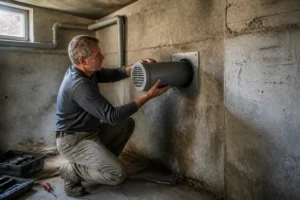 Installation d'une vmc cave par un artisan dans un mur en béton humide.