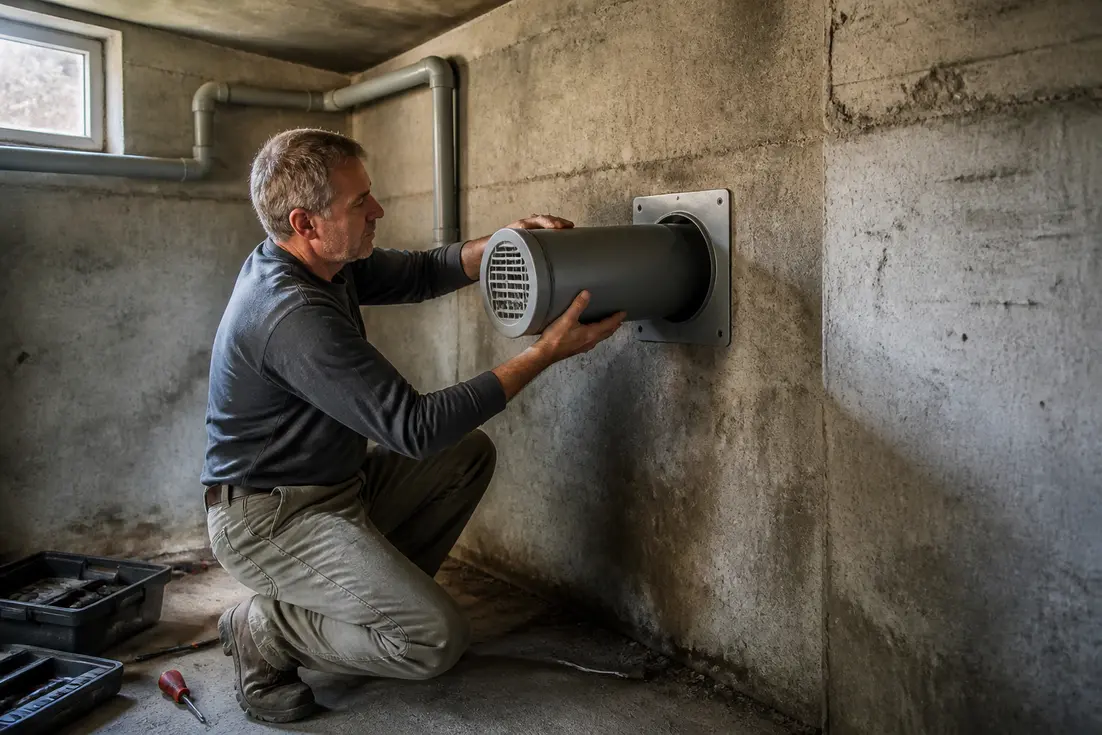 Installation d'une vmc cave par un artisan dans un mur en béton humide.