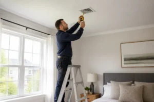 Un technicien contrôle l'installation d'une vmc dans une chambre au plafond d'une maison.