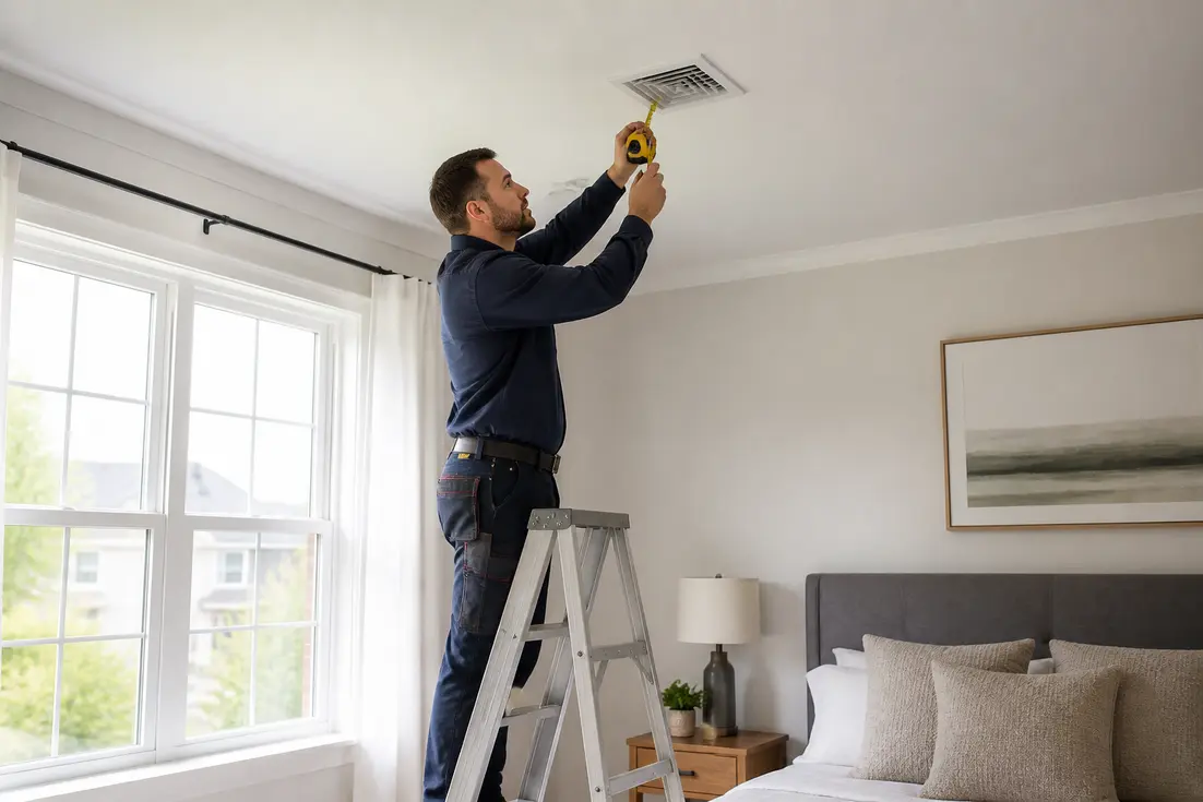 Un technicien contrôle l'installation d'une vmc dans une chambre au plafond d'une maison.
