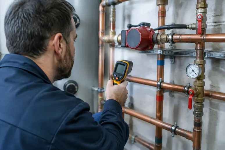 Contrôle de la température sur un circuit de bouclage eau chaude sanitaire avec un thermomètre infrarouge