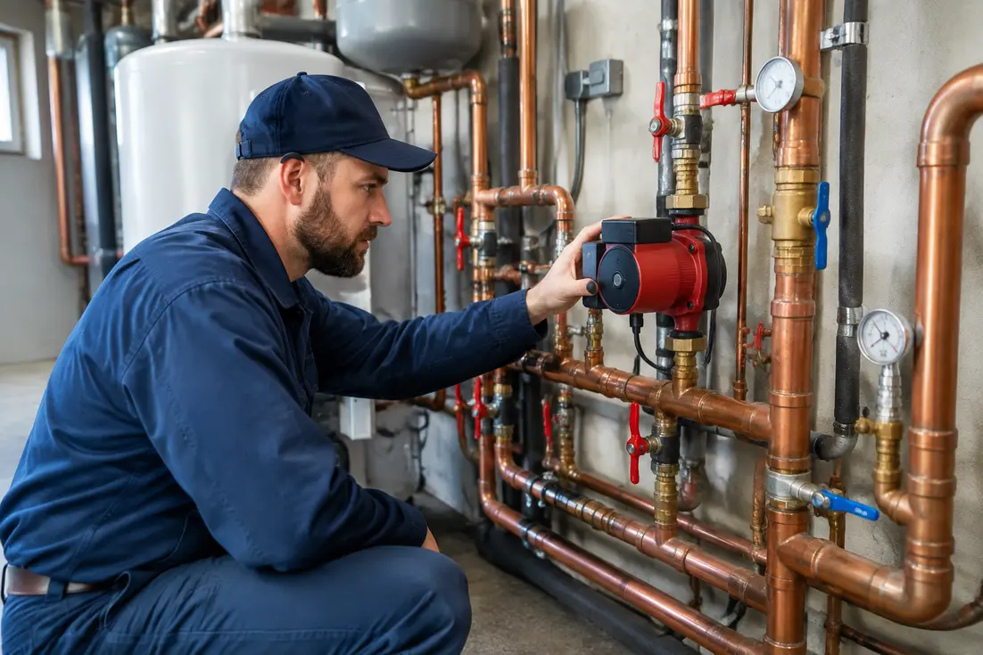 Technicien inspectant les tuyaux de bouclage eau chaude sanitaire dans un local technique