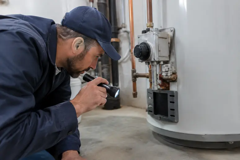 Technicien inspectant un chauffe-eau pour identifier la cause des bruits de claquement