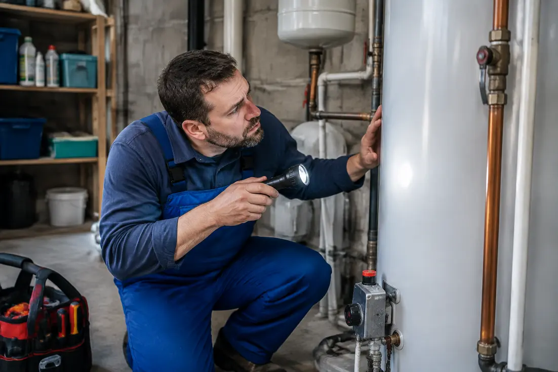 Un plombier inspecte un chauffe eau fait du bruit dans un local technique résidentiel.
