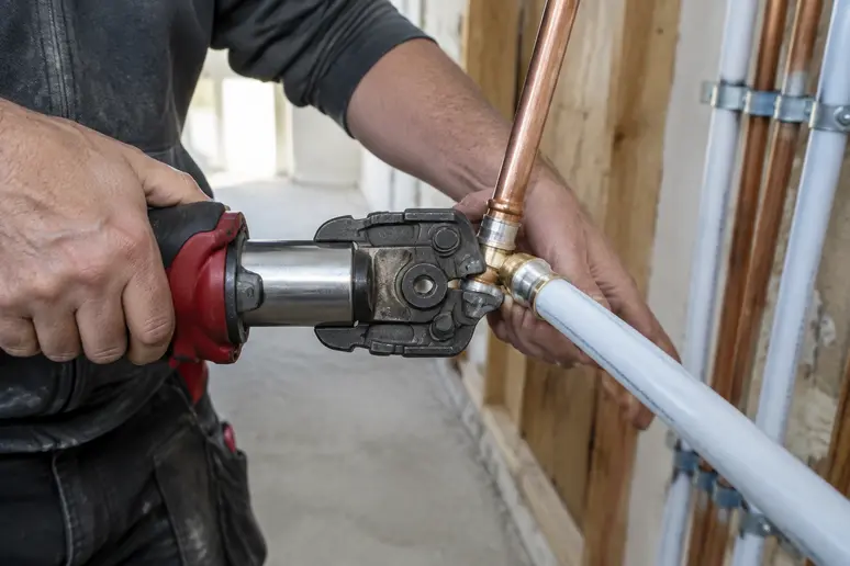 Raccordement technique entre un tuyau en cuivre et un tube multicouche lors d'une rénovation de plomberie.
