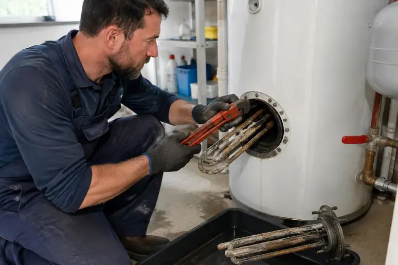 Plombier démontant la platine d'un chauffe-eau pour procéder au détartrage du ballon.