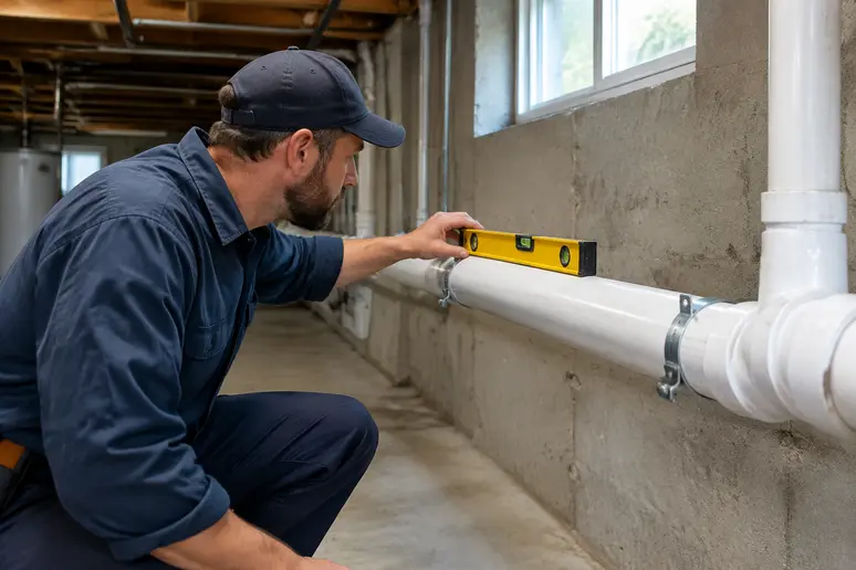 Plombier vérifiant la pente d'une canalisation en PVC avec un niveau à bulle