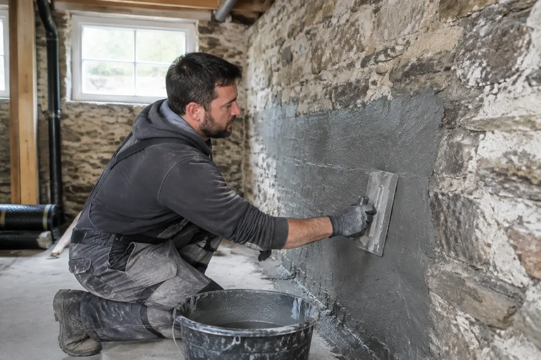 Artisan appliquant un enduit pour mur humide dans une cave en rénovation