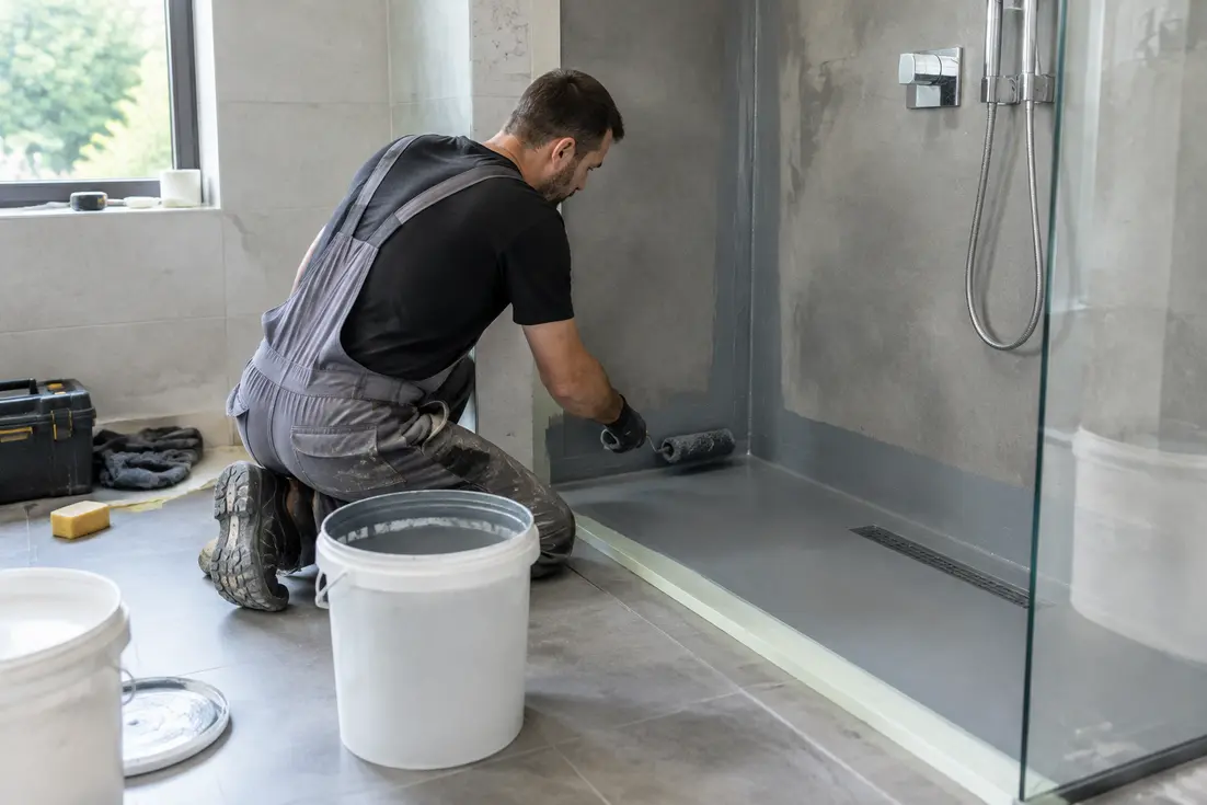 artisan appliquant une étanchéité sous carrelage douche dans une salle de bains en rénovation