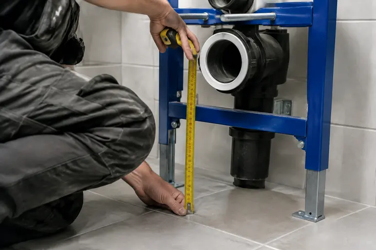 Mesure de la hauteur d'évacuation d'un wc suspendu depuis le sol fini avec un mètre ruban.