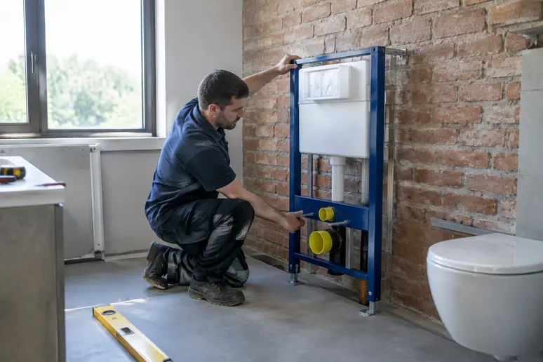 Réglage des dimensions d'un bâti-support de wc suspendu avant la pose de l'habillage.
