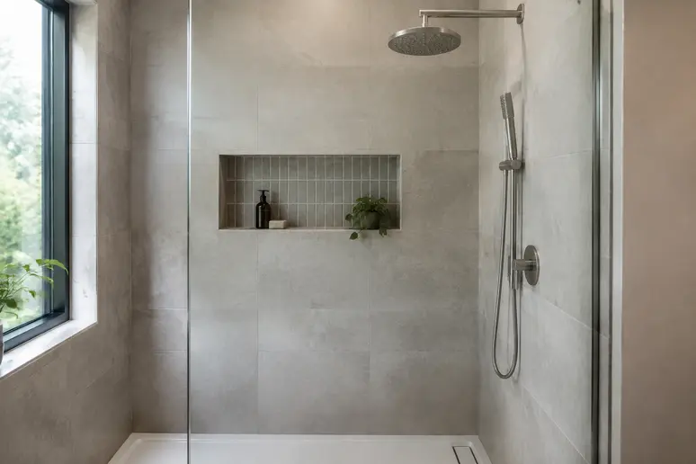 Niche de douche encastrée et carrelée installée à hauteur idéale au-dessus du receveur