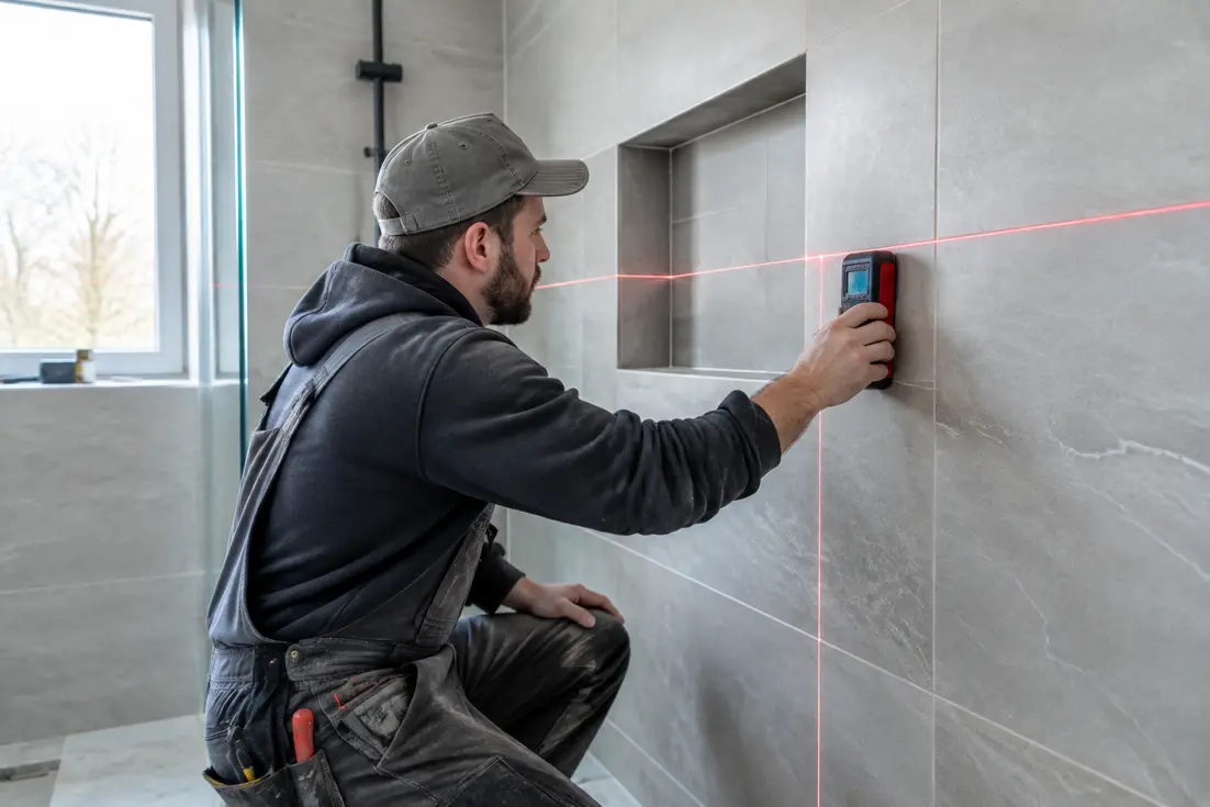 Artisan vérifiant la hauteur niche douche avec un niveau laser dans une salle de bains moderne.