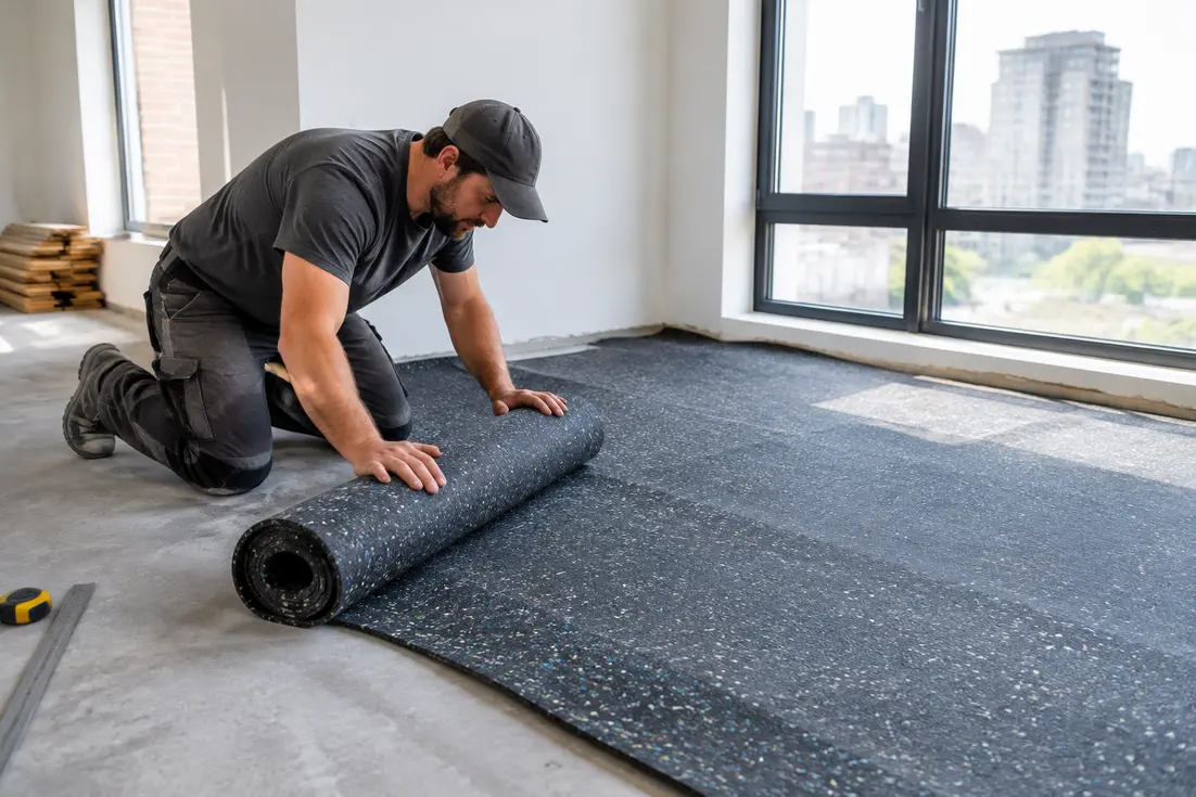 artisan installant une isolation acoustique sol lors d'une rénovation de plancher
