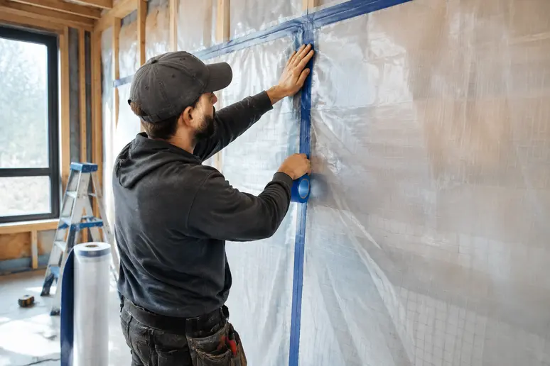 Pose d'une membrane frein-vapeur hygrovariable sur une ossature pour isoler un mur humide