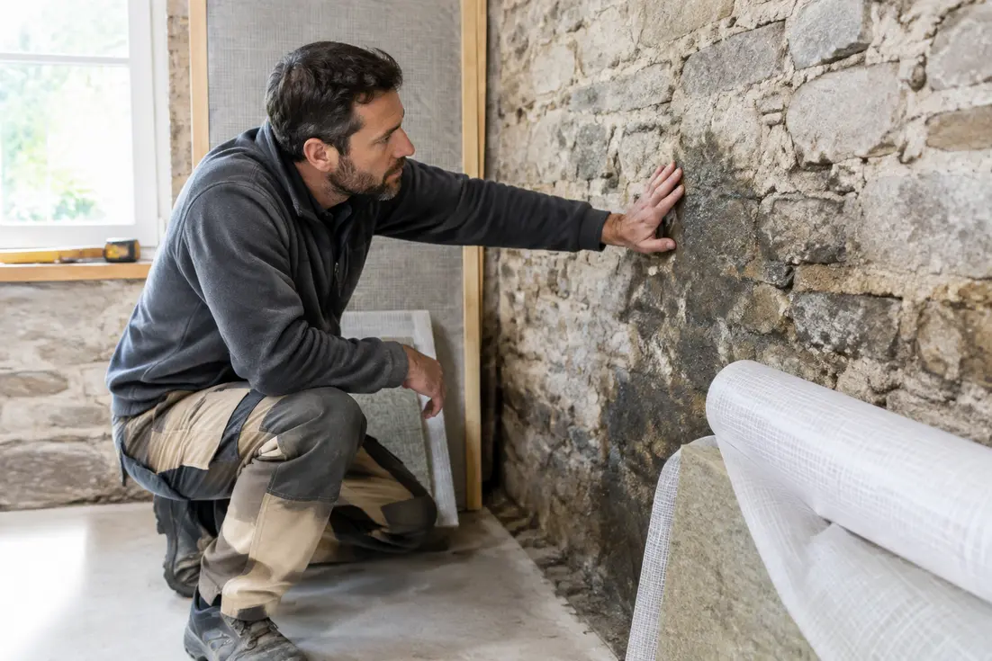 artisan inspectant un mur en pierre avant une isolation mur humide