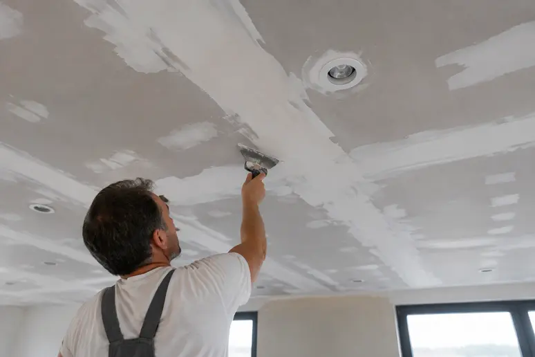 Finitions de plaques de plâtre et raccords sur un plafond d'appartement isolé