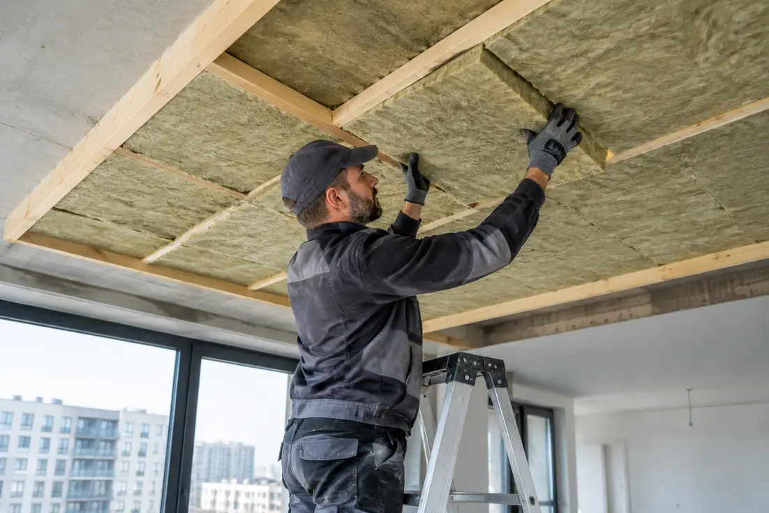 Un artisan pose des panneaux d'isolation plafond appartement lors de travaux de rénovation thermique.