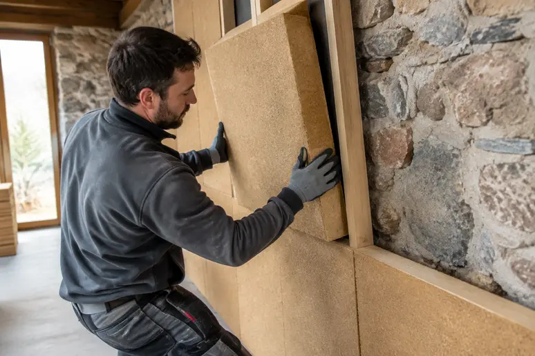 Pose d'un panneau isolant perspirant pour isoler un mur en pierre par l'intérieur