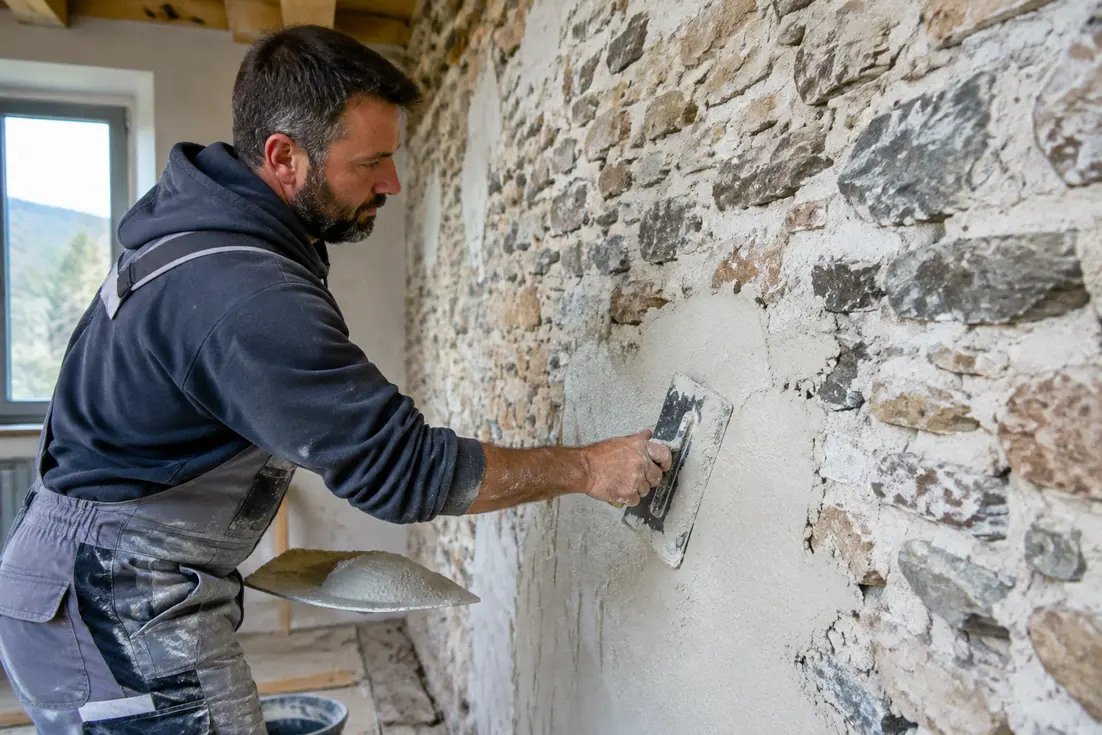 Artisan appliquant un enduit pour isoler mur en pierre lors d'une rénovation intérieure