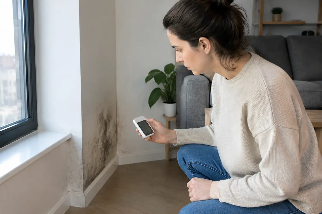 Propriétaire vérifiant le taux d'hygrométrie pour résoudre un problème d'odeur humidité maison dans le salon